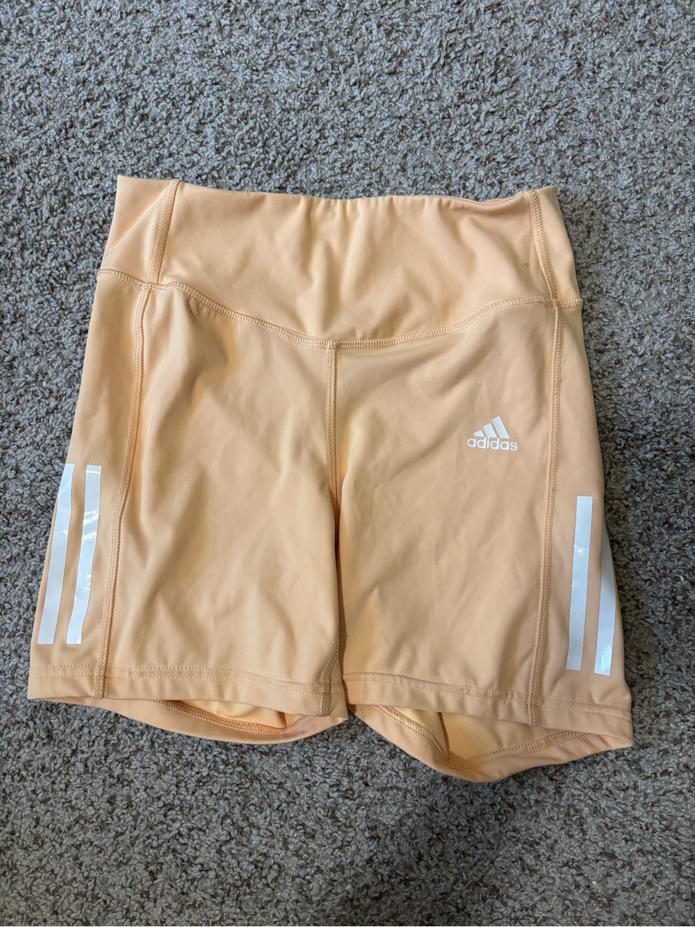 adidas Peach High-Waist Bike Shorts with White Stripe Accents